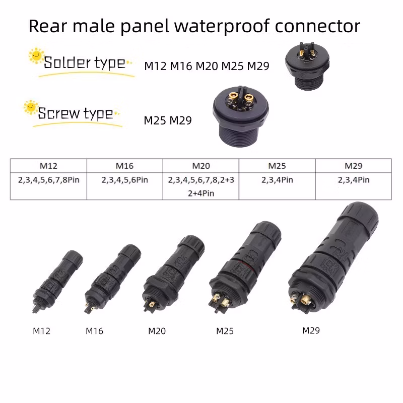 4pole Male PCB Panel Plug M25 Rear Mounting Screw Lock Wire Type IP67 Waterproof Connector