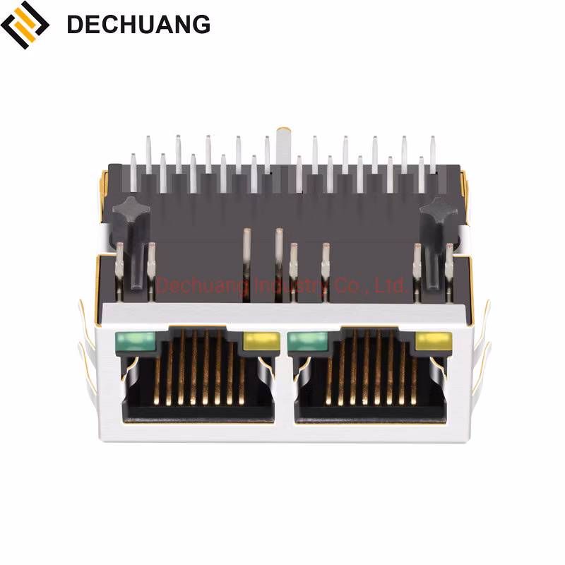 1*2 Port RJ45 Socket Cat5 Angled Jack Connector Shielded Multi Port RJ45 Integrated Magnetics 8p8c PCB Mountable Communication