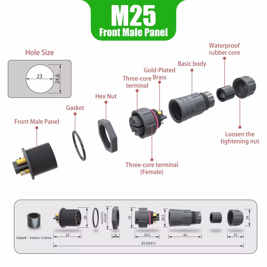 4pole Male PCB Panel Plug M25 Rear Mounting Screw Lock Wire Type IP67 Waterproof Connector