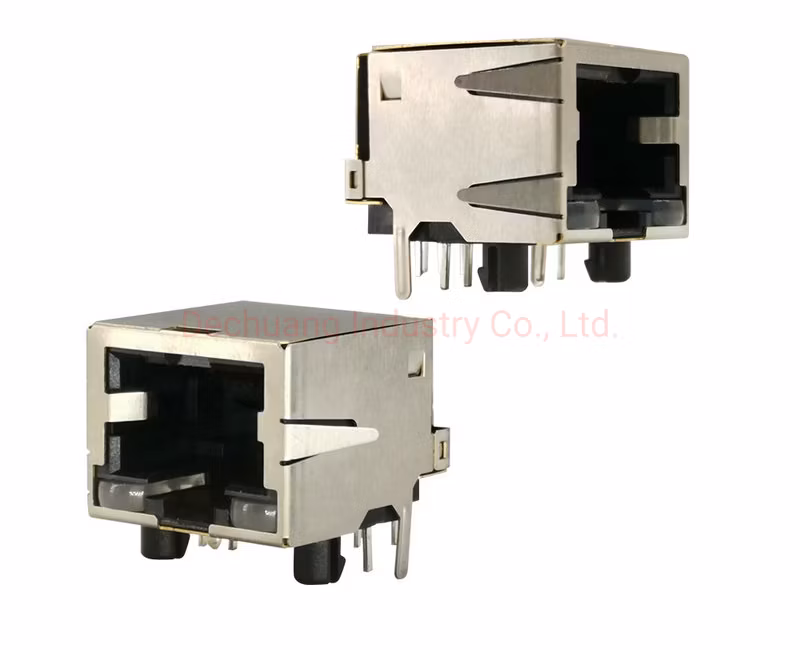 1*2 Port RJ45 Socket Cat5 Angled Jack Connector Shielded Multi Port RJ45 Integrated Magnetics 8p8c PCB Mountable Communication