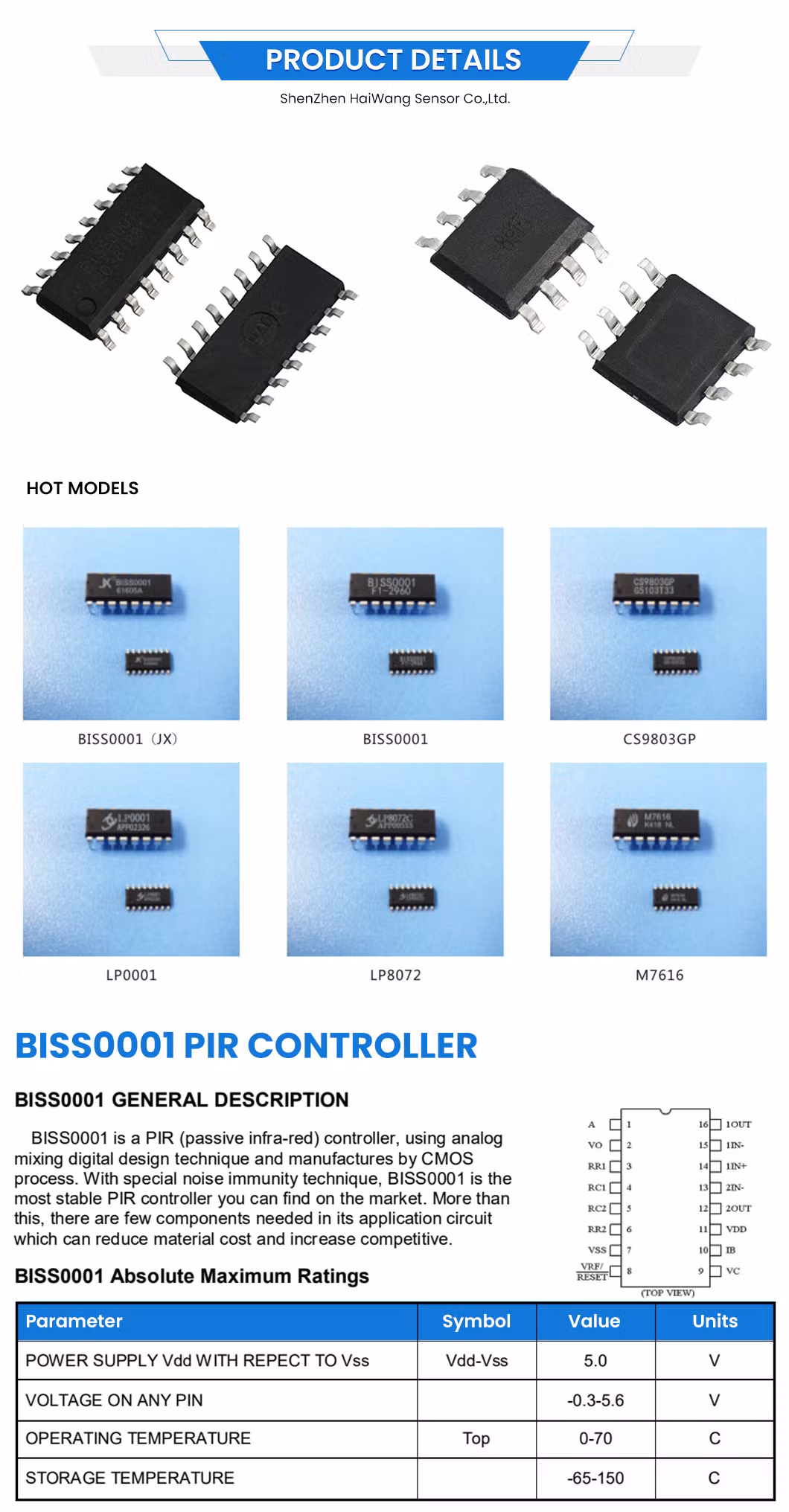 Haiwang Biss0001 New Original Integrated Circuits Electronic Components Electronic IC Chips China Biss0001 Sensor Signal Processing IC Chips Factory