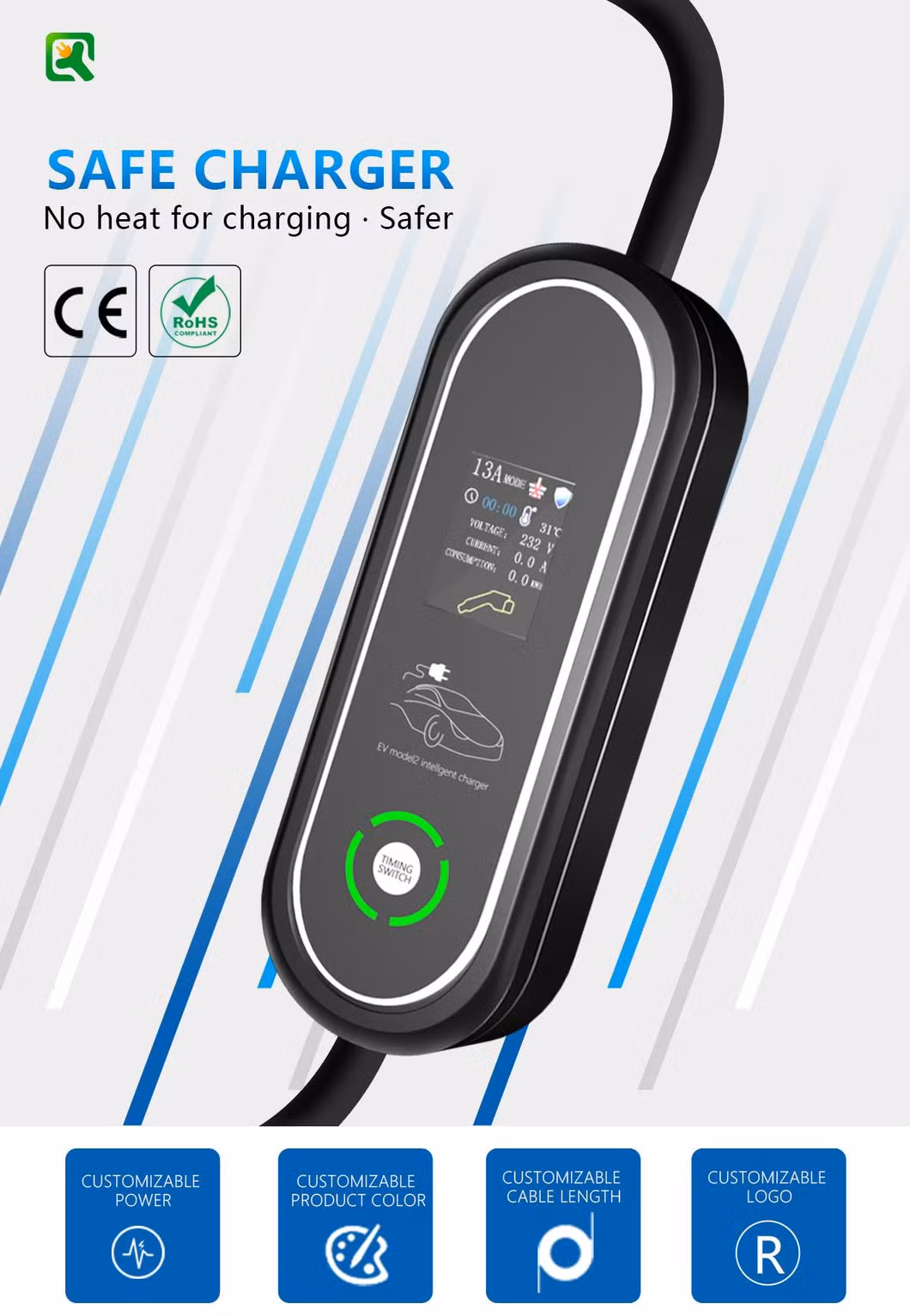 13A Home Electric with Screen Reservation Charging Type2 Portable EV Charger for Easy to Charge Electric Vehicles