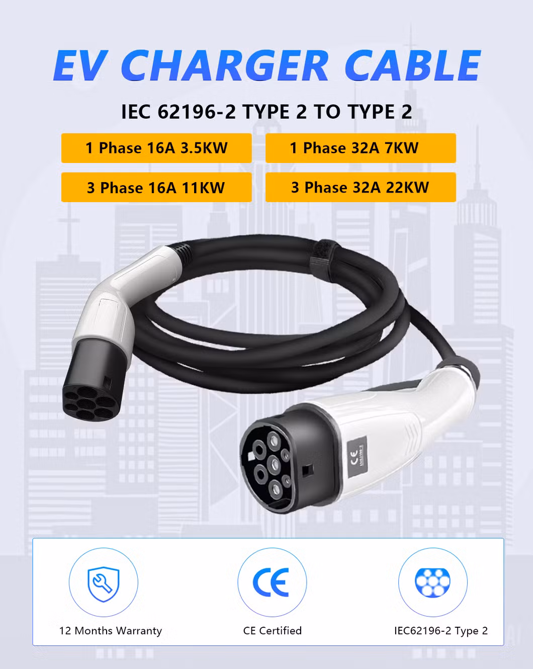 Qiaoyi Manufacturer EV Charger Electrical Cables Type2 to Type2 EV Charging Station Extension Cable EV Charging Cable