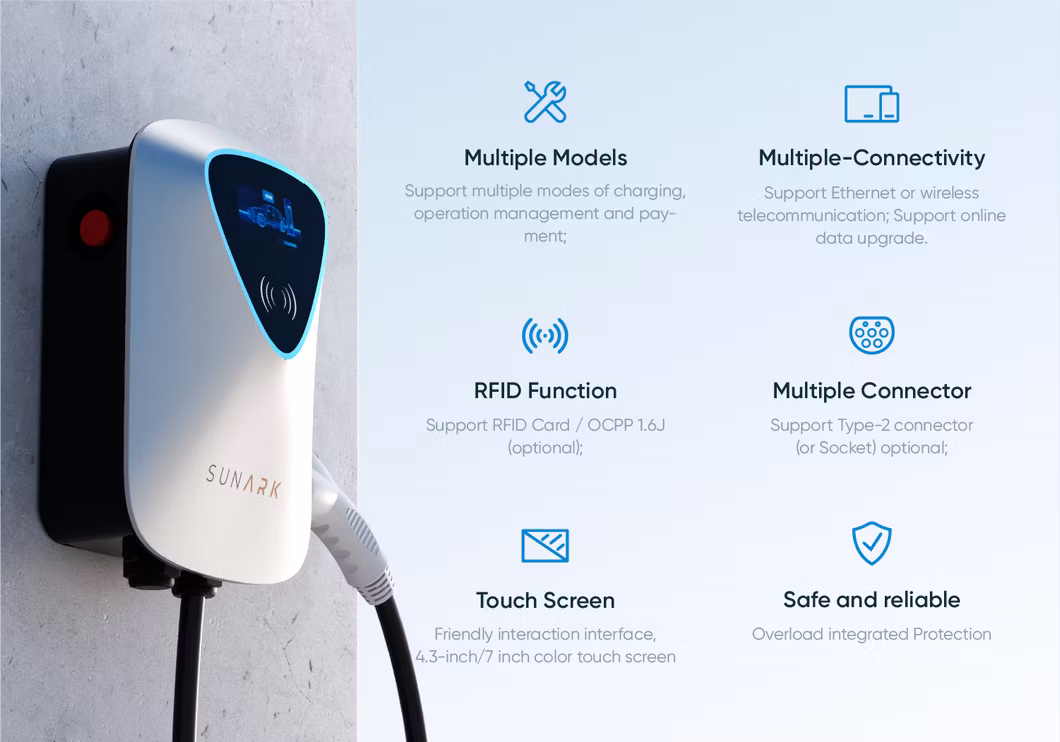 Sunark Ocpp EV Charger NFC Type 2 UK Plug Mode 3 3.5kw 7kw 11kw 22kw 3 Phase EV Charger