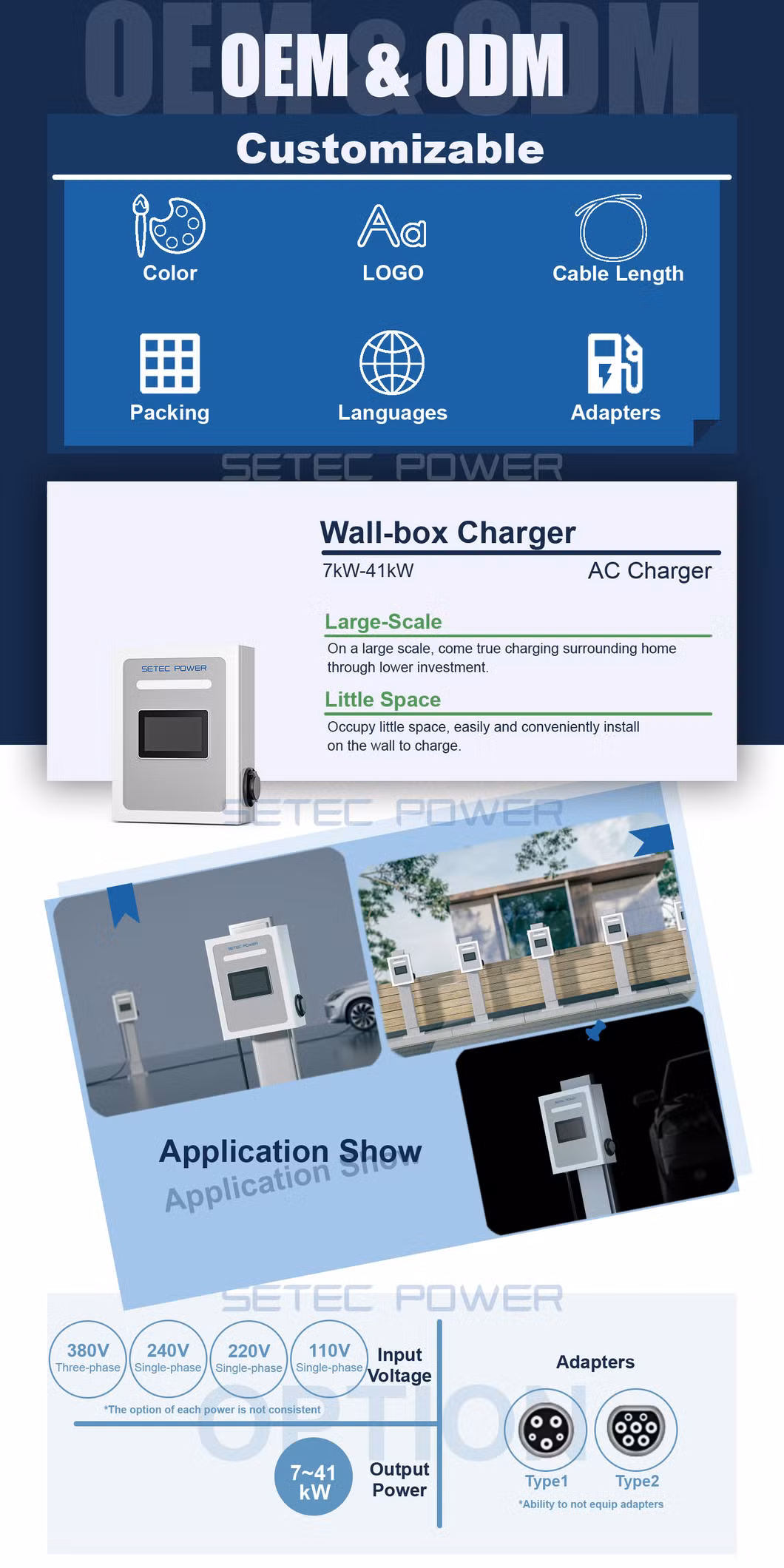 SETEC POWER Type1 Type2 High-Power 22kW AC Level 2 Wall-Box EV Charger Wall Electric Car Charging Station