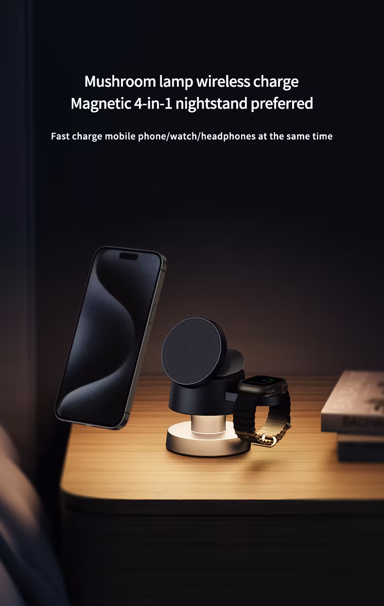 4 in 1 Wireless Charging Magsafe Magnetic Charger, Mushroom Lamp Wireless Charge, 3-in-1 Fast Charge for Apple iWatch Ultra, Airpods