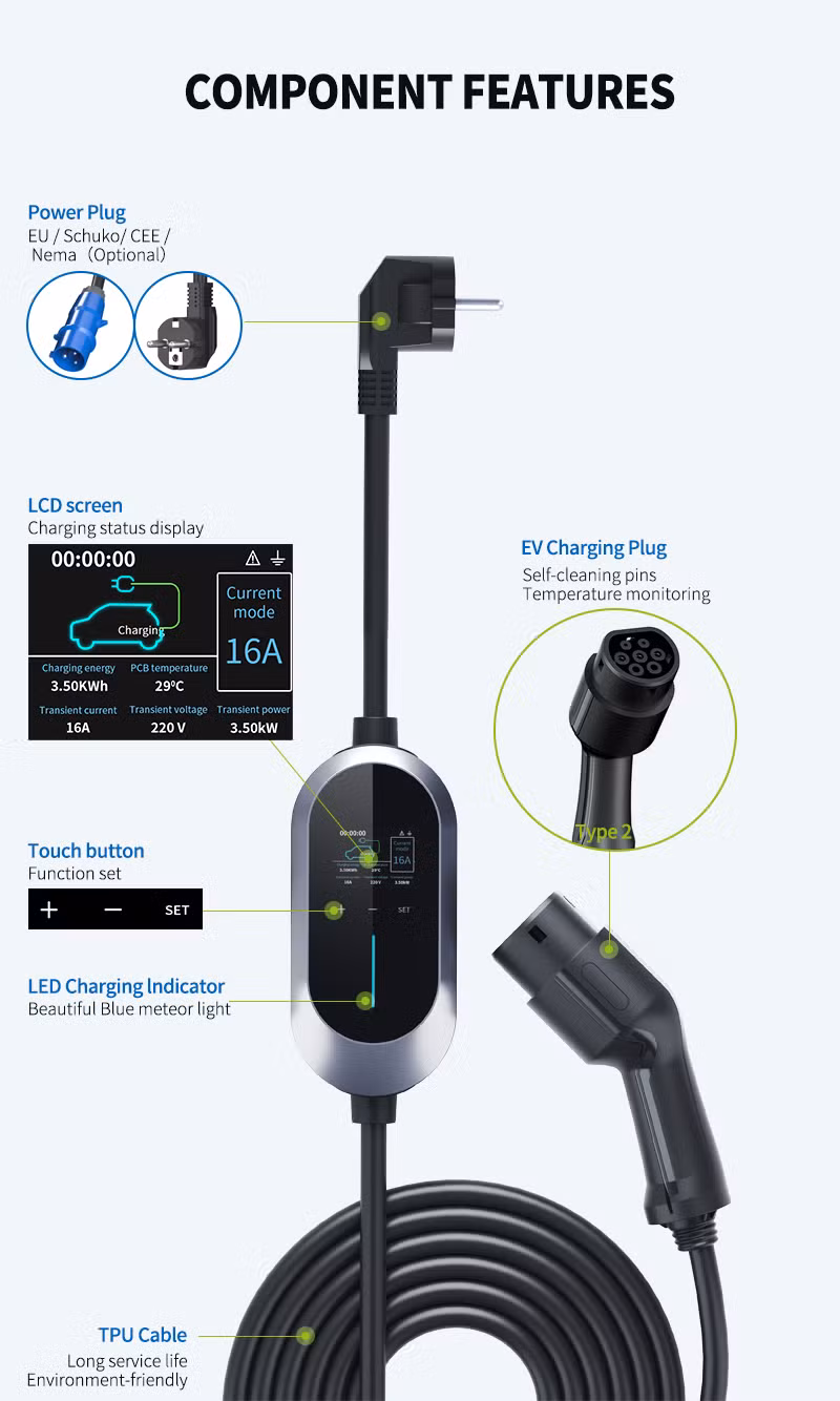 16A 3.5kw Type 2 Portable Electric Car Charging Station Portable EV Charger
