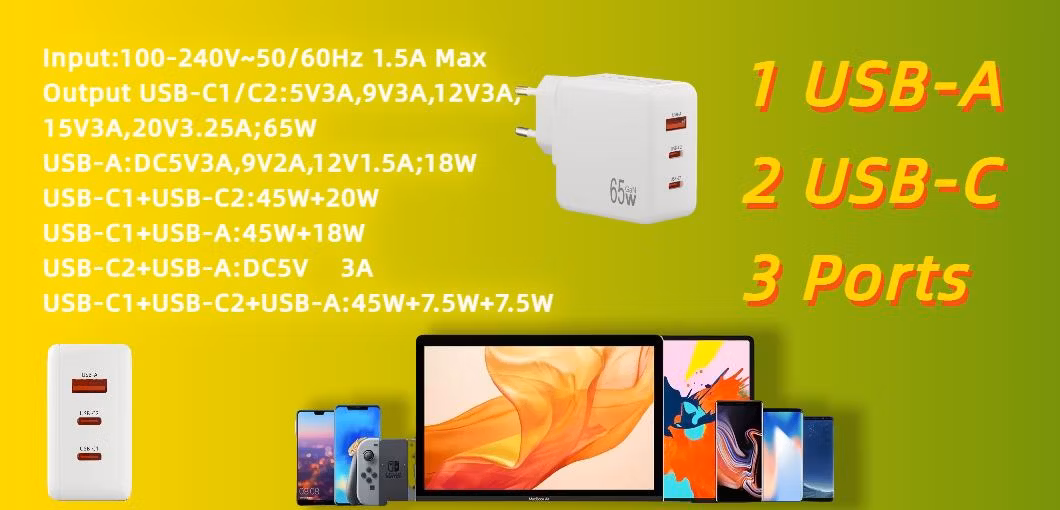 Versatile Use Factory Price GaN Charger USB-a USB-C 65W Pd Fast Samsung Charger 15V/2.4A Adapter Laptop Accessories Universal Travel Adapter HP Laptop Charger