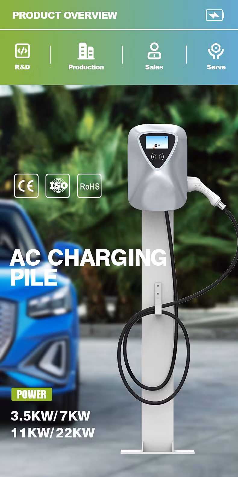 Home Wall Mounted EV Charger 7kw 11kw Residential Evse16A Single Phase 3wire AC System 4.3&quot; Screen RFID Car Charging Station