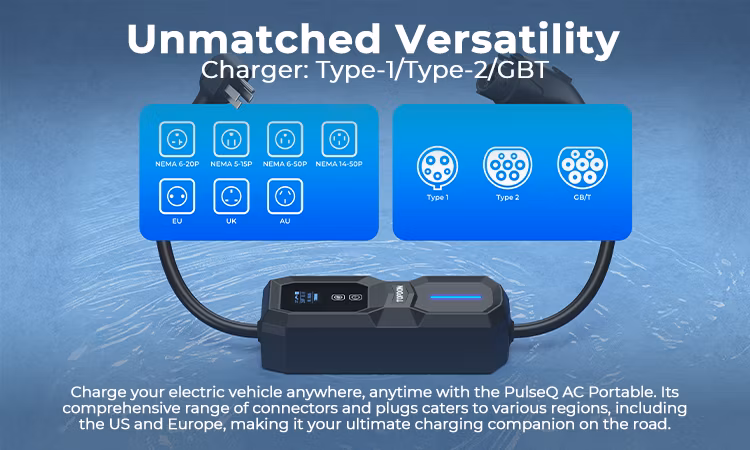 2023 Topdon America EU UK Ca Au Stock Pulseq AC Portable 7kw 3.7kw 7.7kw 16A 32A Type 1 2 Electric Cars Smart Fast Charging Portable EV Charger with LCD Display