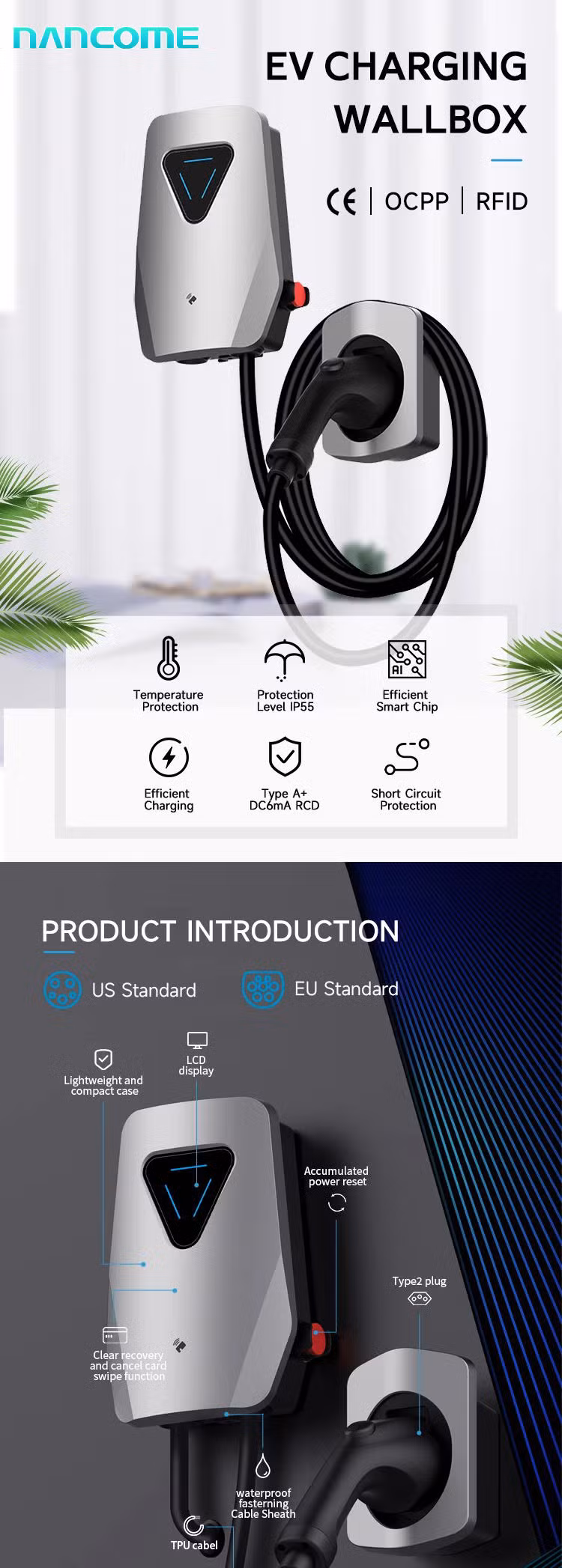 Ncome 7kw 11kw 22kw Wallbox AC Fast EV Car Wall Chargers Station CCS
