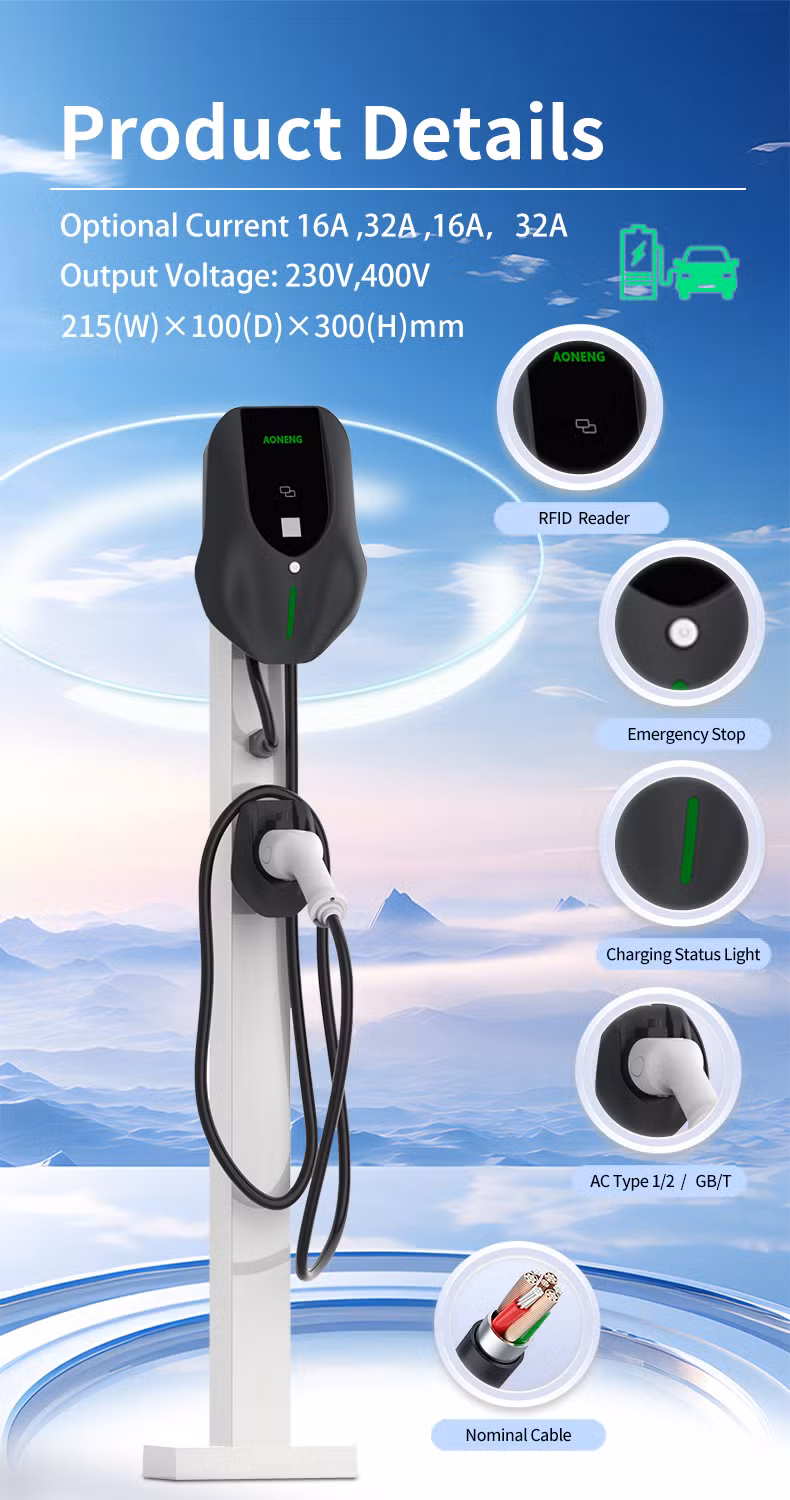 Aoneng Wall Mounted Ocpp Smart Home Commercial Fast 7kw 22kw AC Electric Vehicle Car Battery EV Charger Charging Station Level 2 Type2 GB/T 4G WiFi Ethernet