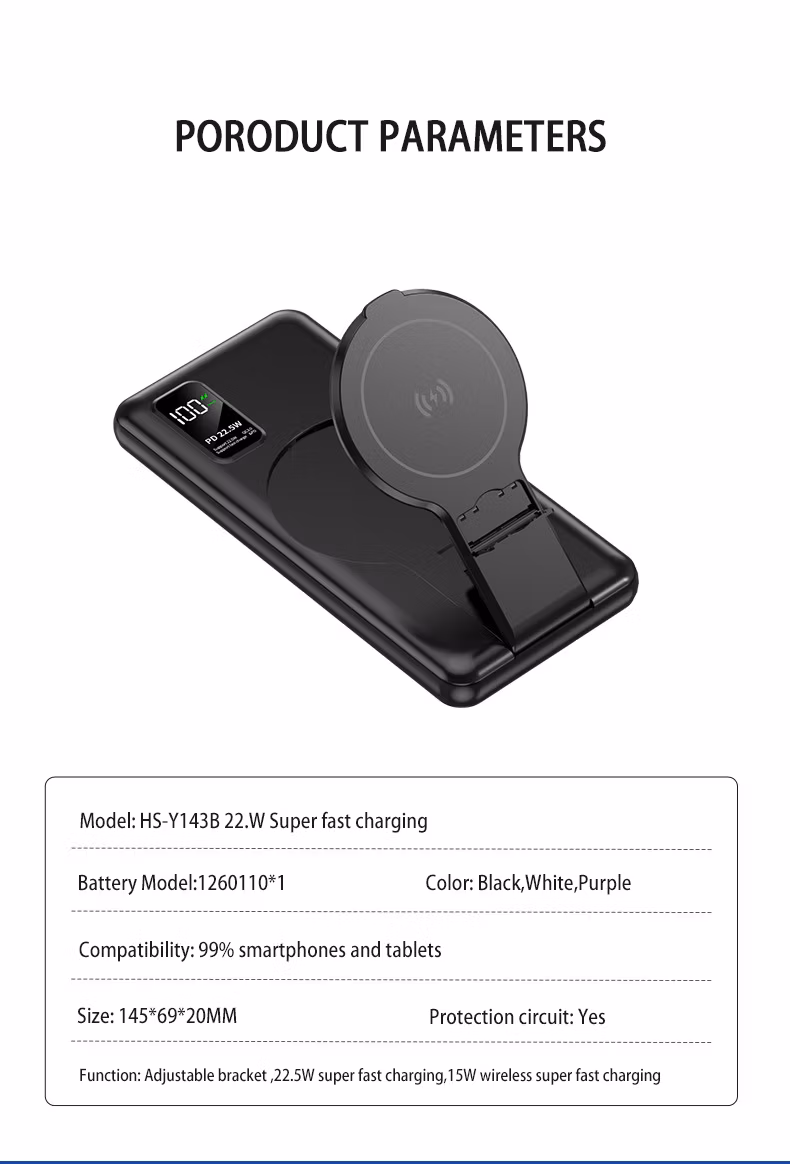 Portable 10000/20000mAh Pd 22.5W Wireless Fast Charging Mobile Tablet Power Bank Storage for Phone Charger Stander Travel Emergency Power Supply