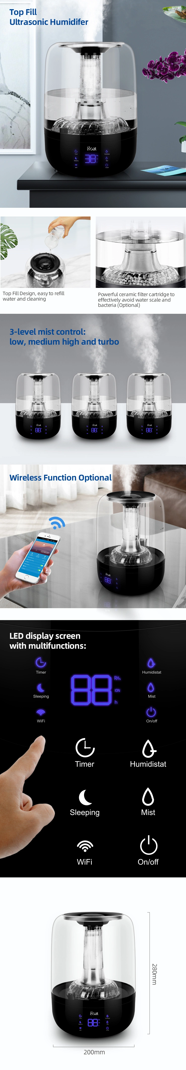 2.8L Top Fill Ultrasonic Cold Mist Humidifier Touch Control Electric Power Household with Humidity Control Function