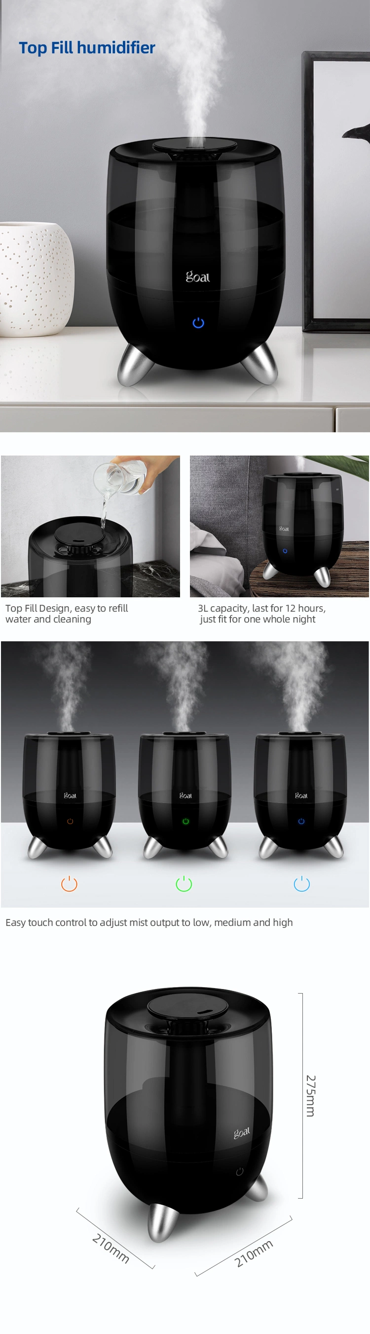 Go-2819 3.3L Humidifier Top Fill Water Cool Mist Humidifier for Home