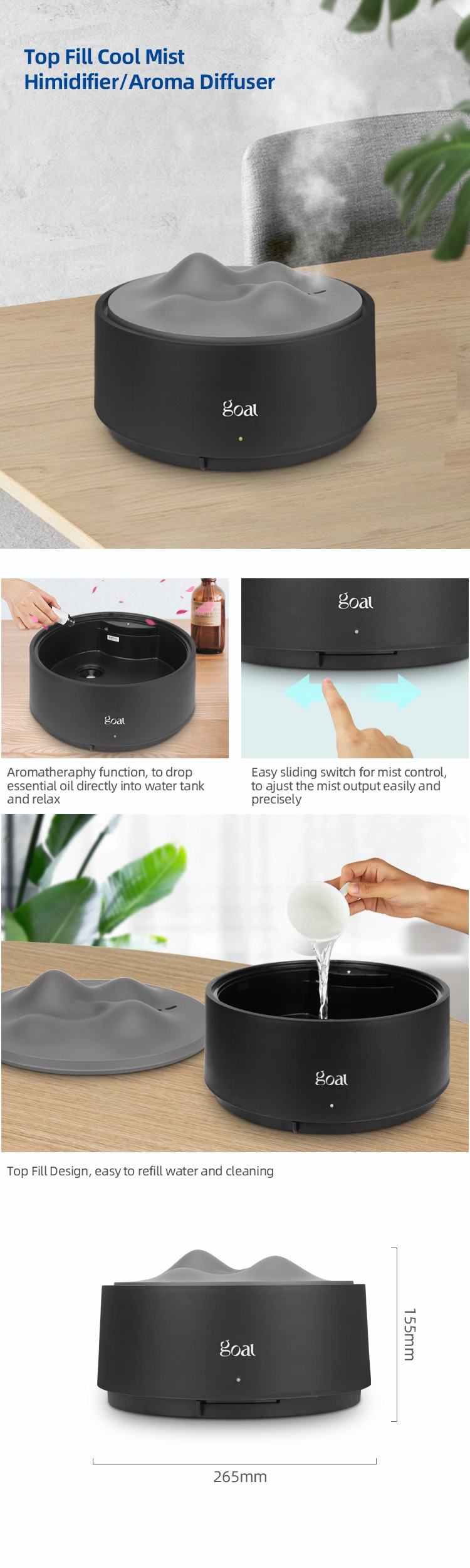 Go-2125 Cool Mist Aroma Diffuser Top Fill Ultrasonic Manual Control Humidifier