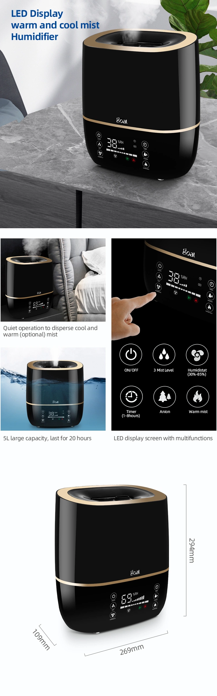 Go-2845 Timer Ionizer Remote Large Humidifier 5L LED Display Digital Hybrid Cool Mist Warm Mist Humidifier