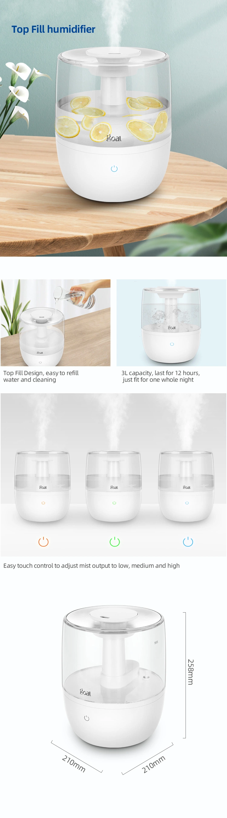 Go-2819A Top Fill New Design Touch Control Cool Mist Air Ultrasonic Humidifier Top Filling Humidifier3.5L 3L Humidifier