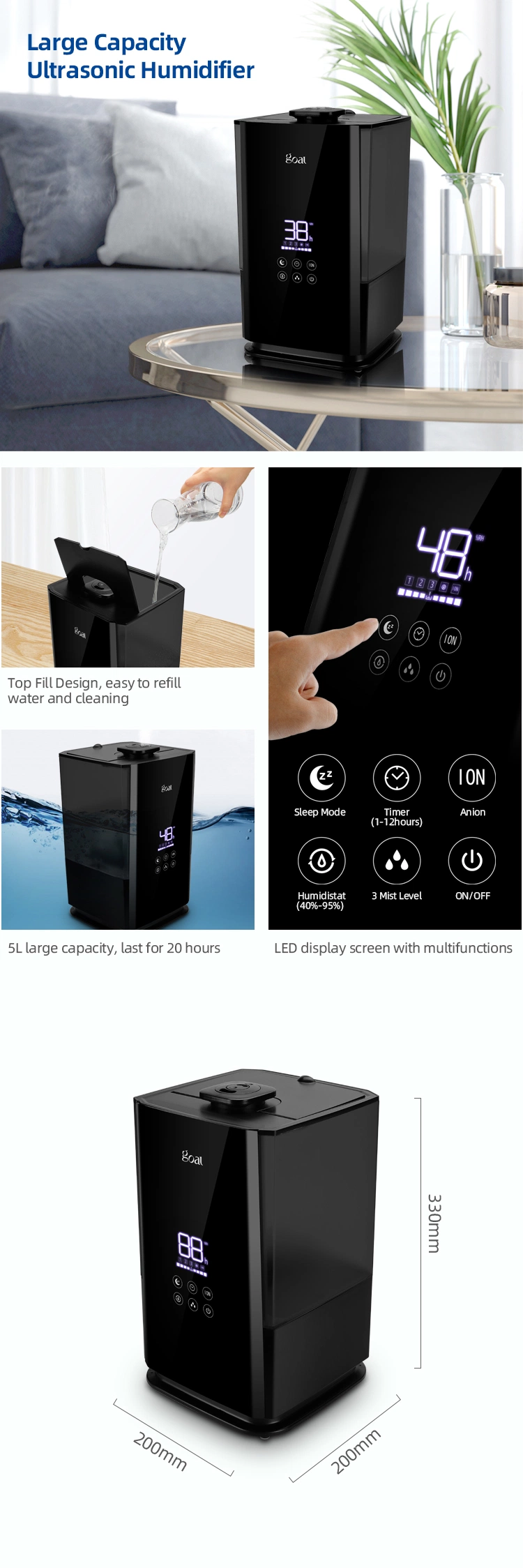 WiFi Humidifier Go-2868A Large Capacity 5L Big Ultrasonic Cool Mist Air Humidifier Ultrasonic Cool Mist Air Humidifier