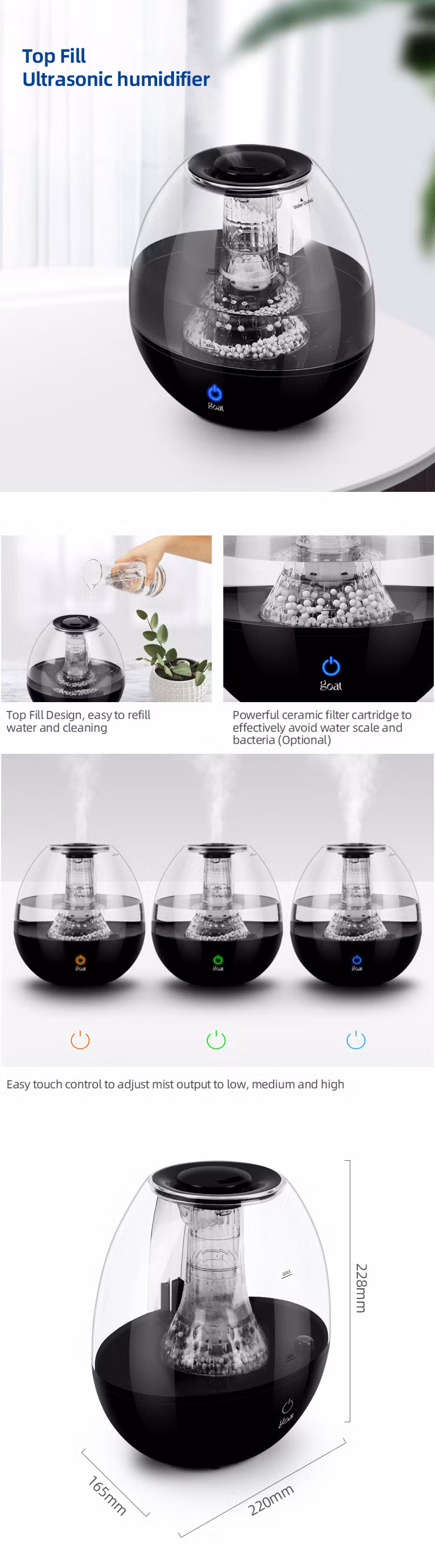 Top Fill Humidifier Personal Care 2.5L Ultrasonic Cool Mist Humidifier for Bedroom Night Light with 360 Degree Nozzle
