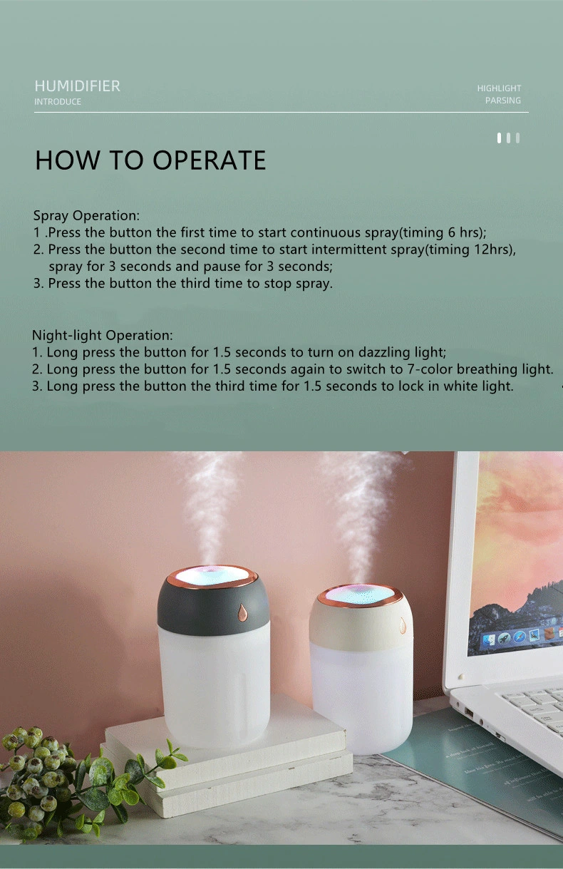 Portable LED Light Mini 300ml H2O Spray Mist Humidifier Double Wet Aroma Essential Oil Diffuser Car USB Air Humidifier