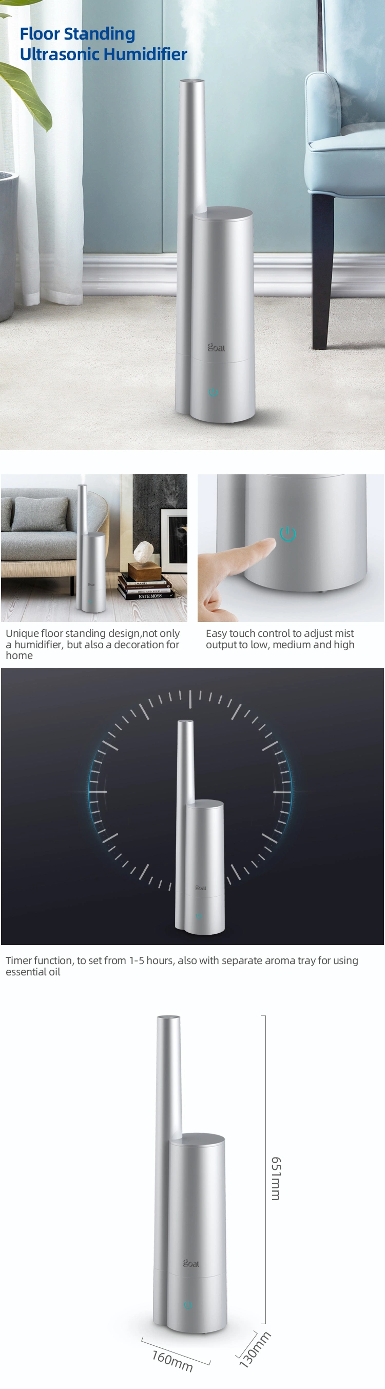 Go-2820 New Floor Standing Diffuser Stand Timer Funtion 220V Ultrasonic Fog Maker Touch 2.5L Aroma Diffuser Humidifier
