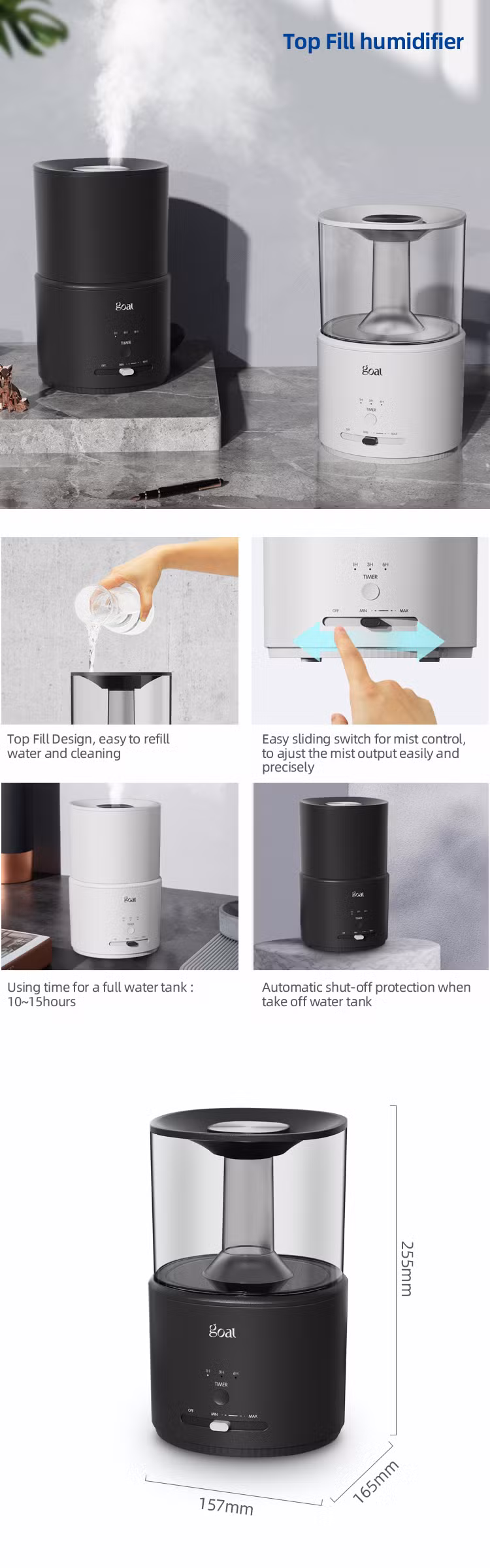 Go-2821 Top Fill Ultrasonic Cool Mist Air Office Humidifier Aroma Diffuser Timer Night Light Baby Humidifier Personal Humidifier