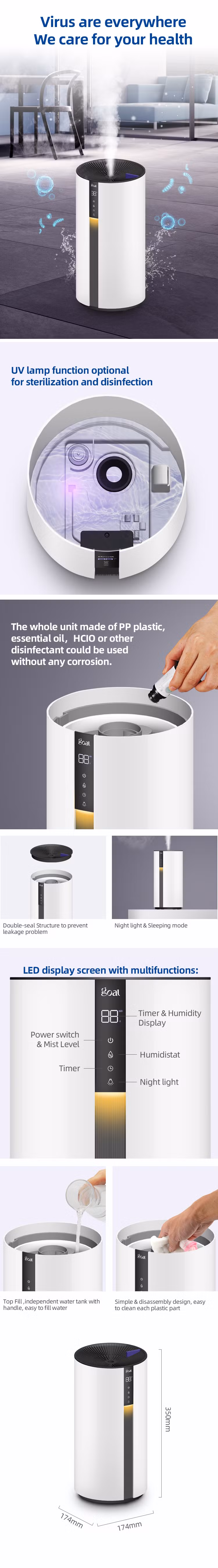 Top Fill Water 3.5L Large Capacity Tower H2O Humidifier Air Purifier Smart Tuya APP Cool Mist Ultrasonic Humidifier with UV