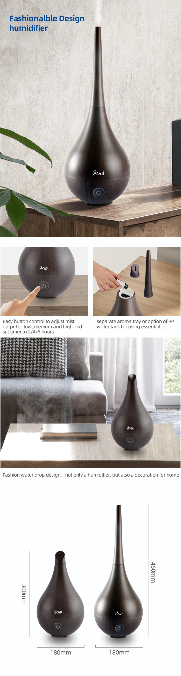 Wood Grain Cool Mist Ultrasonic Humidifier with Diffuser