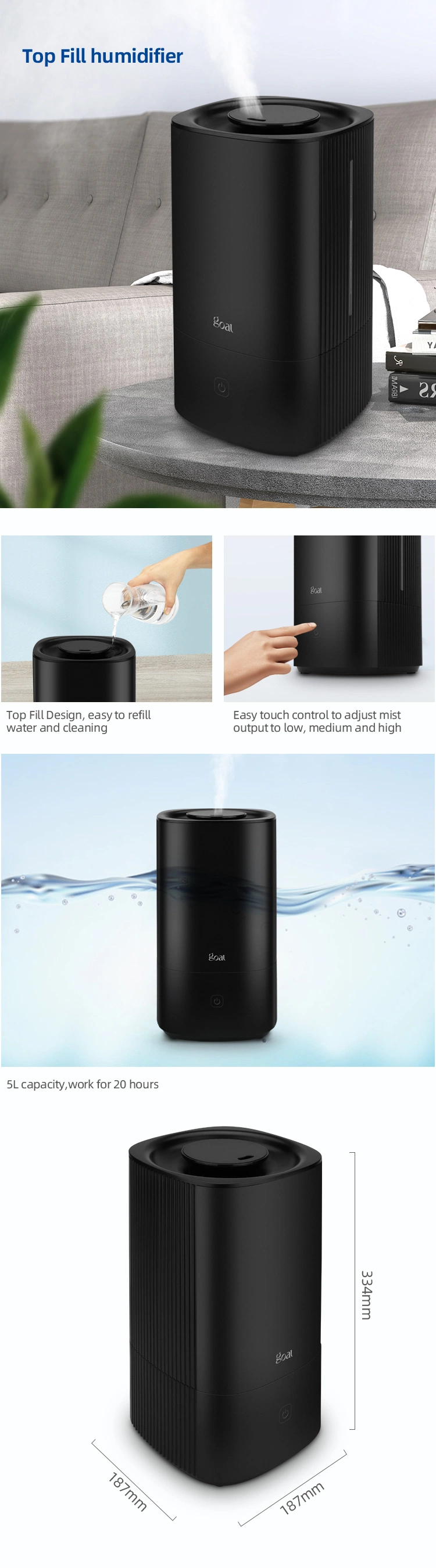 Easy to Clean Top Fill Cool Mist Air 5L Smart Ultrasonic Humidifier Diffuser for Room