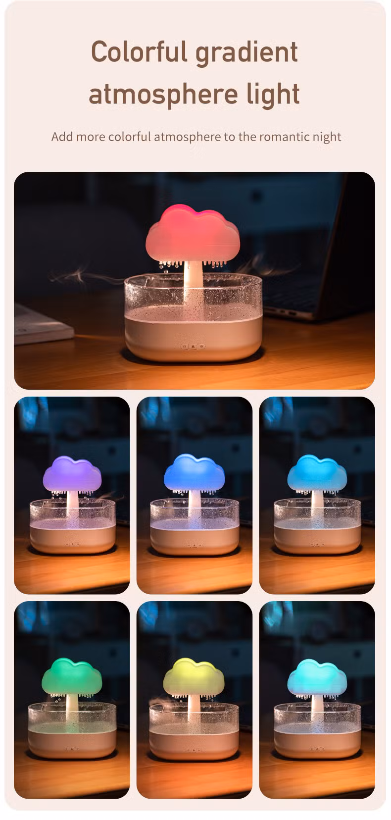 Rain Cloud Humidifier 200ml Water Drops Colorful 7-Color Light Essential Oils Aroma Diffuser