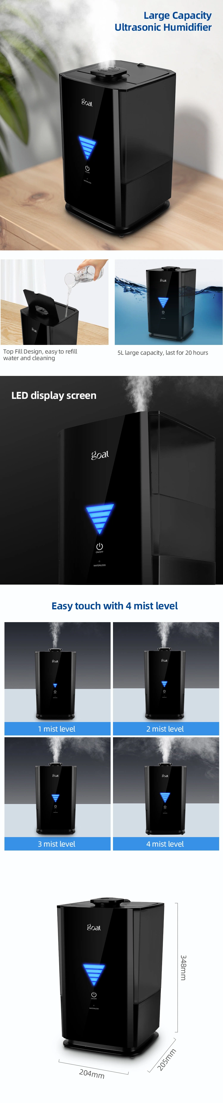 Go-2868A Large Capacity 5L LED Humidifier Timer Humidistat Smart WiFi Wireless Humidifier Cool Mist Ultrasonic Big Humidifier