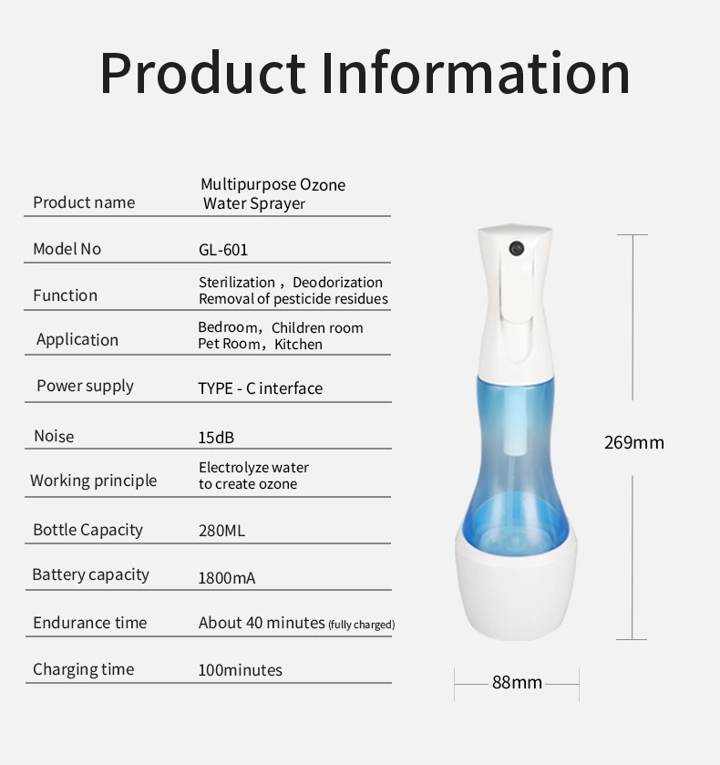 280ml Capacity High Quality Portable Homemade Ozone Disinfection Water Purifier Generator Sprayer