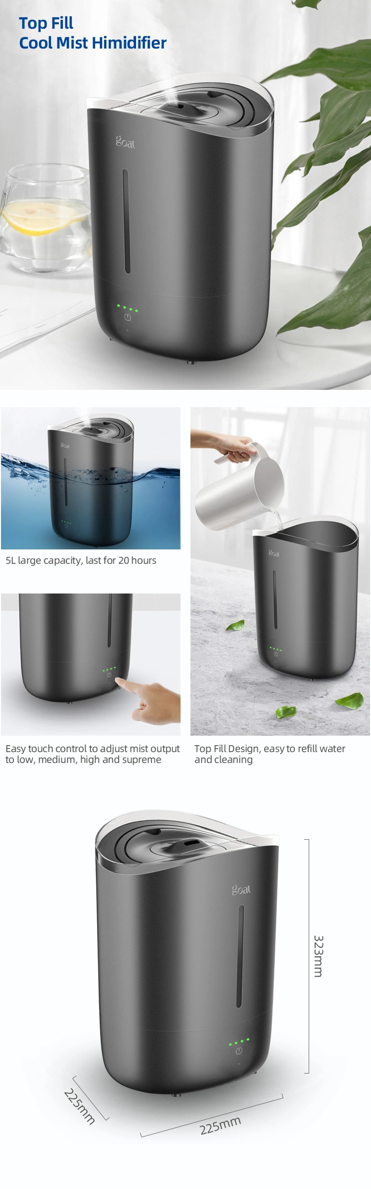 Large Capacity 5L Cool Mist Air Humidifier with Knob Switch Control