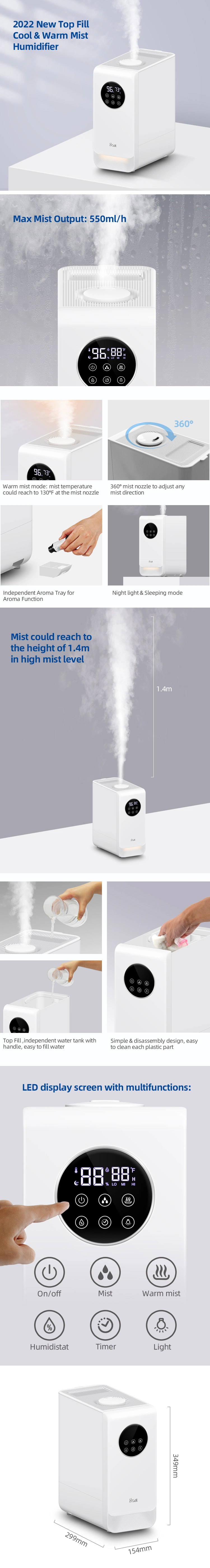 Smart Cool &amp; Warm Mist 6.5L Large Capacity Portable Ultrasonic Air Humidifier with Oil Essential Aroma