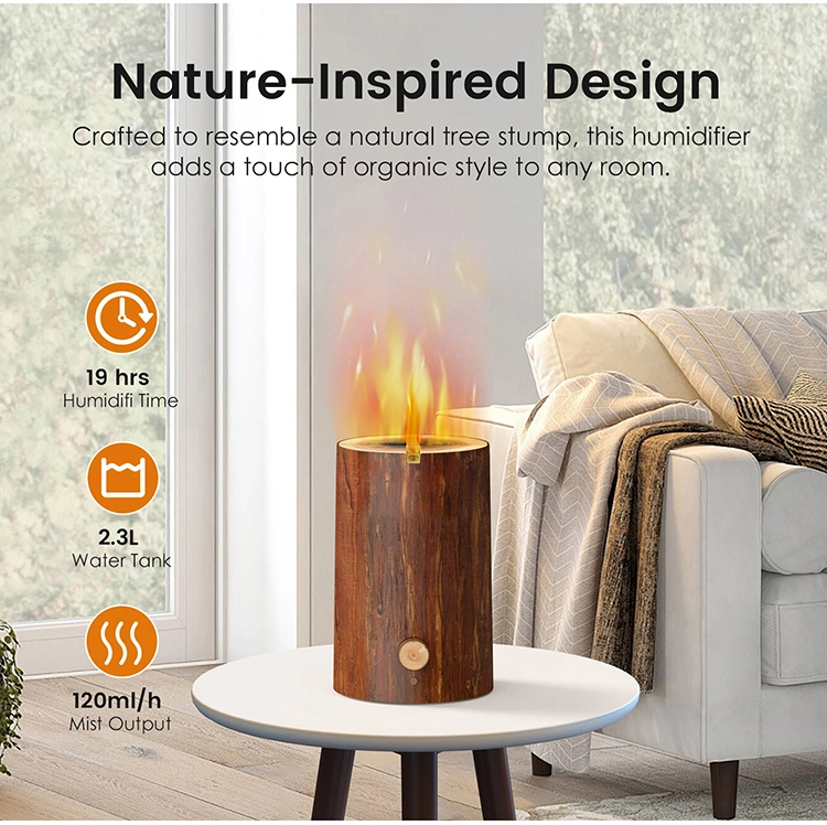 Creative 2.3L Wood Grain Tree Stump Shape LED Light Fire Flame Air Humidifier