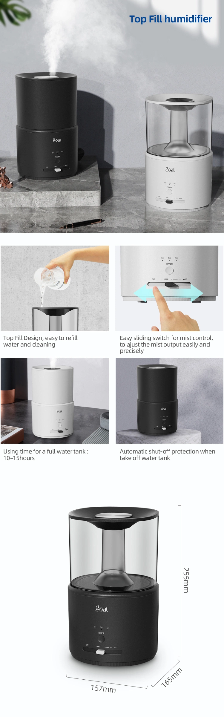 Top Fill Mini Portable Plastic Ultrasonic Humidifier with Aroma Diffuser and Night Light for Home Use