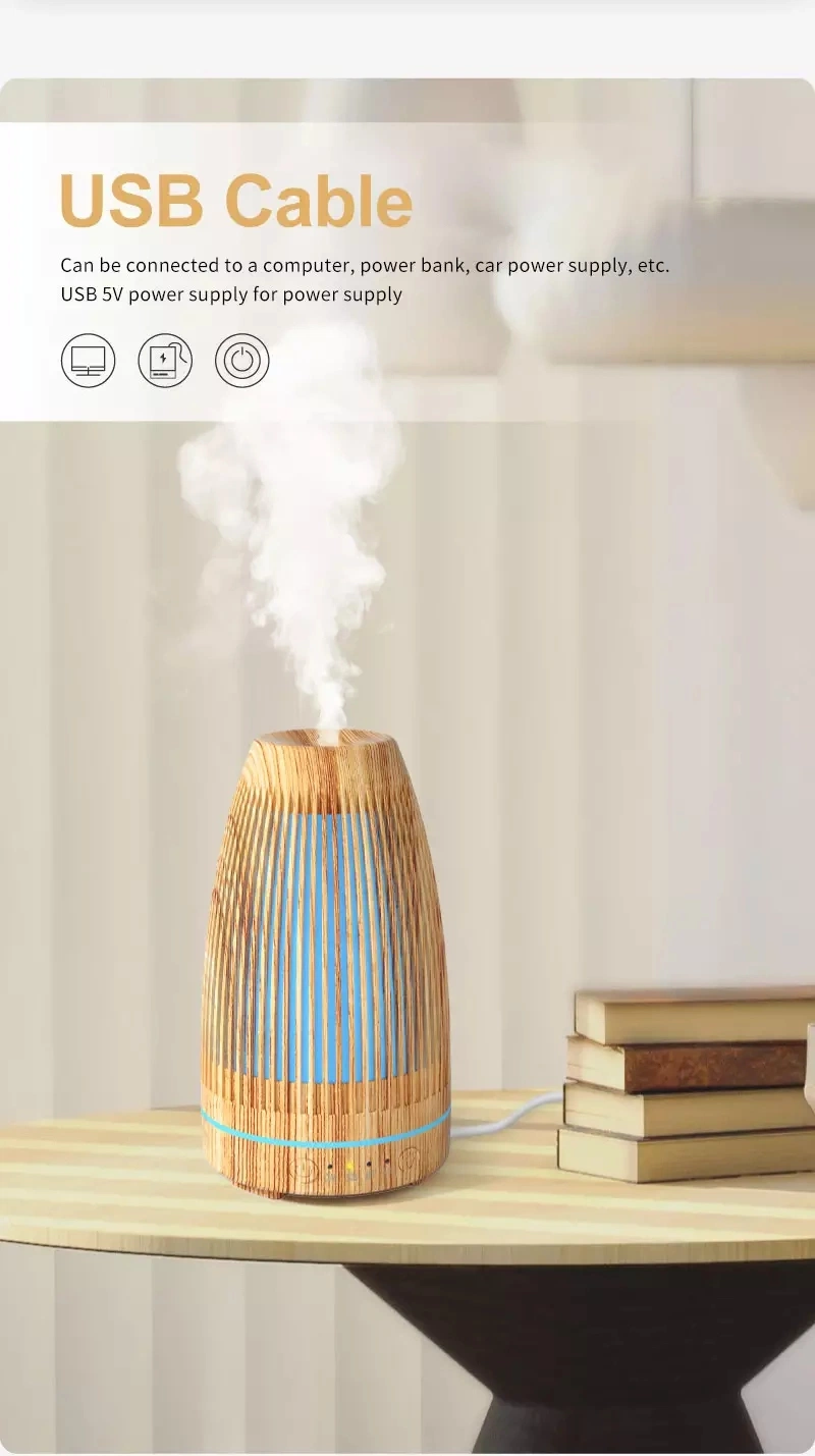 100ml Ultrasonic Cool Mist Wood Grain Air Essential Oil Aroma Diffuser Fire Flame Air Humidifier with 7 Color LED Lights for Office Home Bedroom Living Room