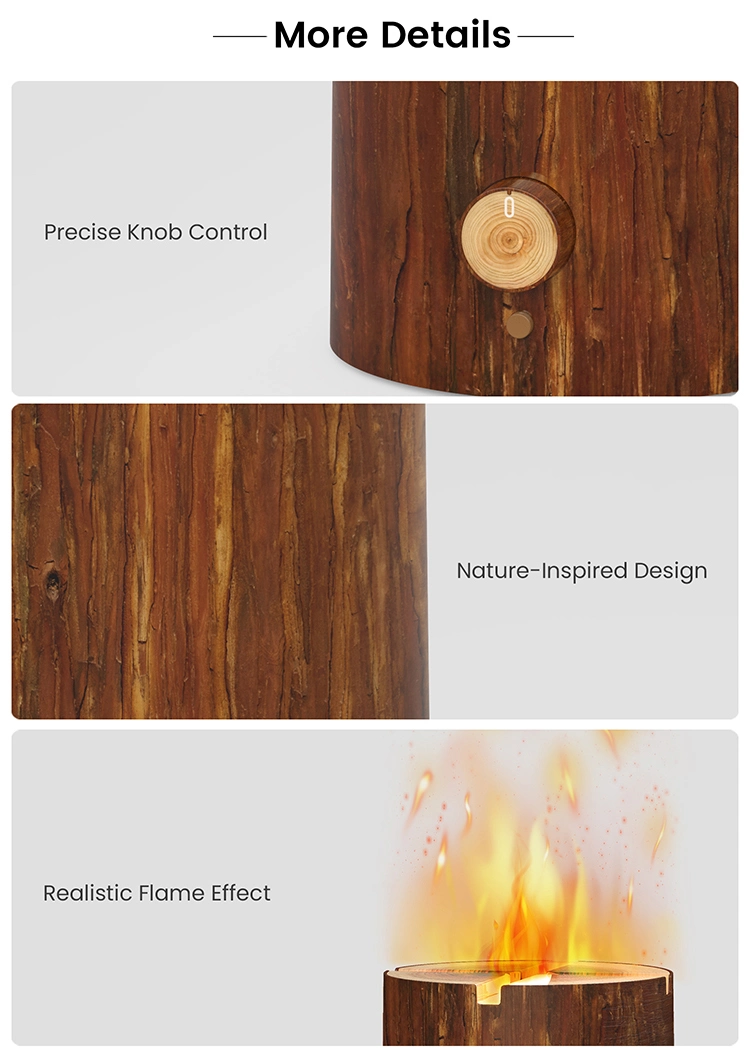 Creative 2.3L Wood Grain Tree Stump Shape LED Light Fire Flame Air Humidifier