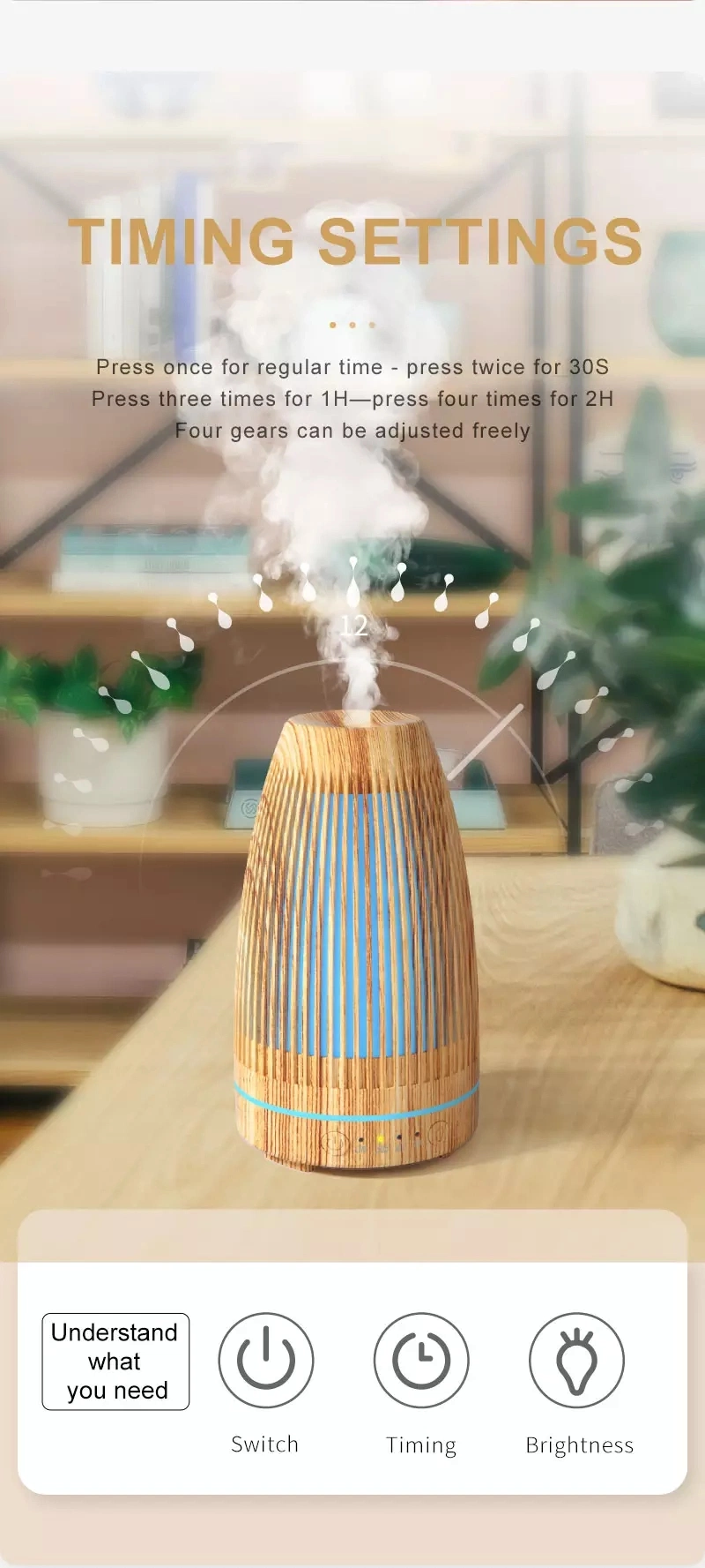 100ml Ultrasonic Cool Mist Wood Grain Air Essential Oil Aroma Diffuser Fire Flame Air Humidifier with 7 Color LED Lights for Office Home Bedroom Living Room