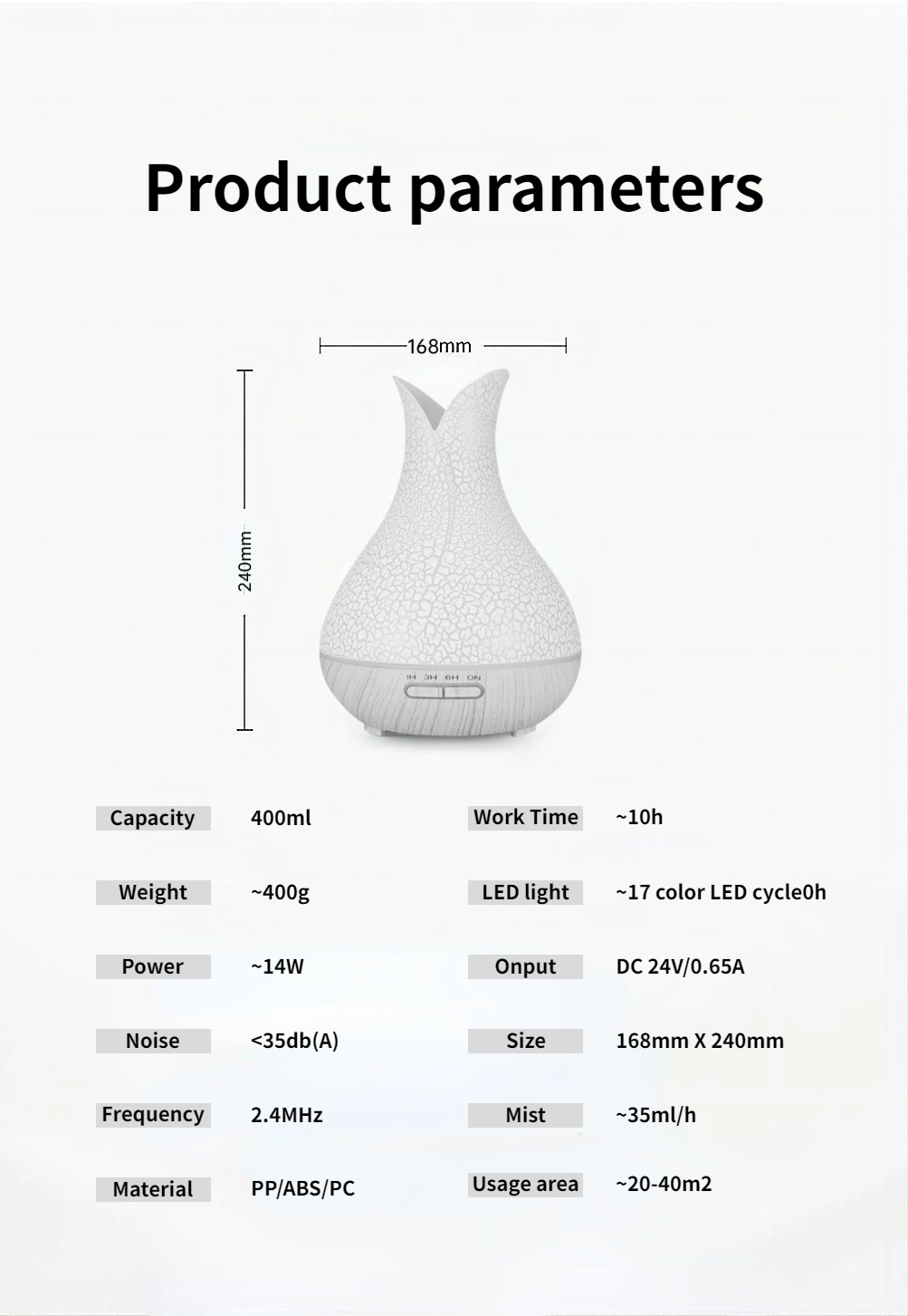 Vase Essential Oil Diffuser Cracked Aromatherapy Diffuser Humidifier with 2 Mist Modes, 4 Timers and 7 Colors Light Dry-Proof for Large Rooms Home Office White