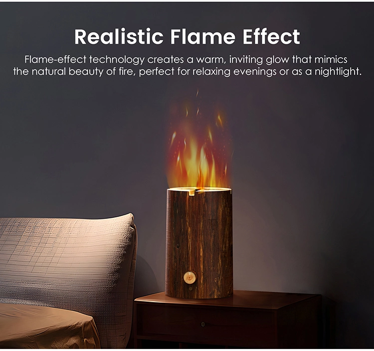 Creative 2.3L Wood Grain Tree Stump Shape LED Light Fire Flame Air Humidifier