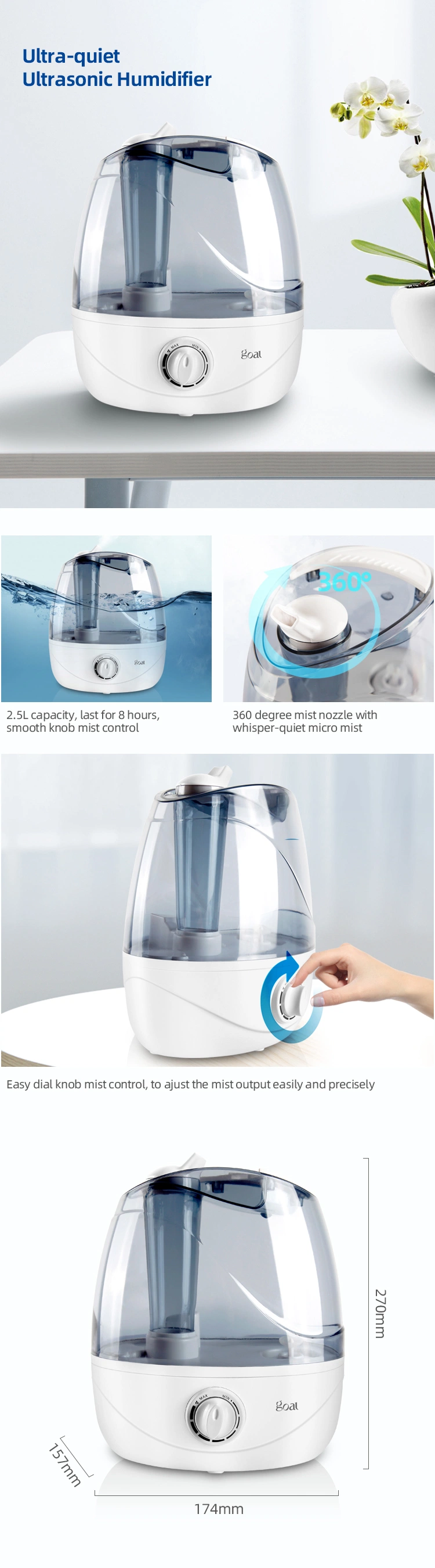 ETL CE Portable Home and Office Ultrasonic Cool Mist Air Purifier Aroma Humidifier