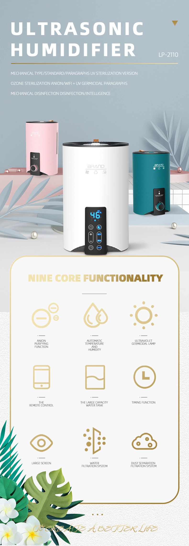 Smart WiFi Tuya Ultrasonic Warm Cool Mist Humidifier with Negative Anion Purification