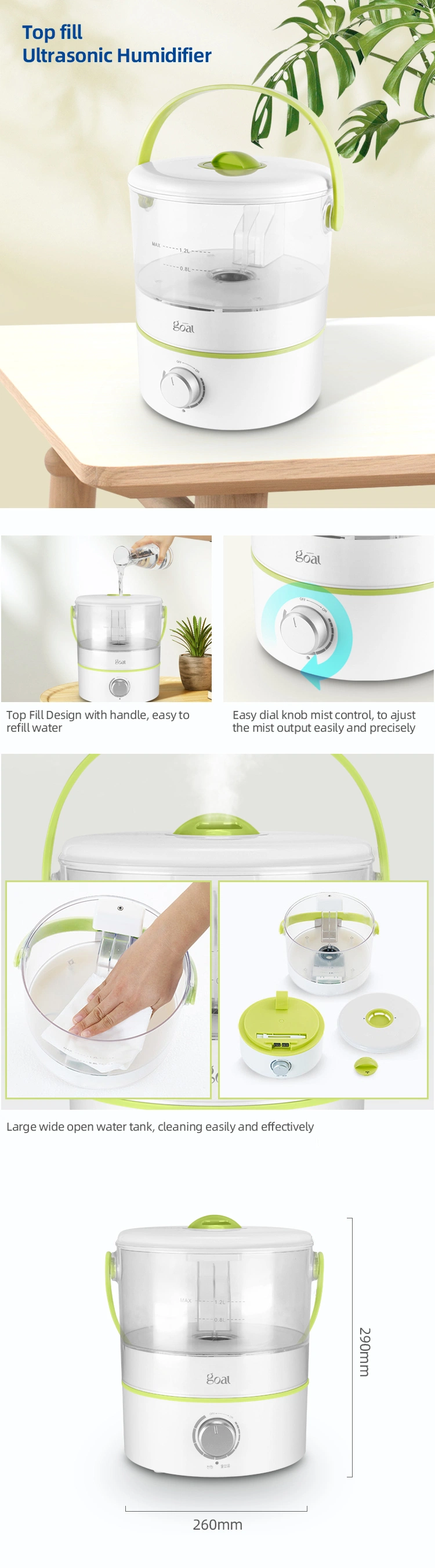 Go-2012 Steam Box Design Top Fill Humidifier 1 Liter Portable Ultrasonic High Pressure Humidifier