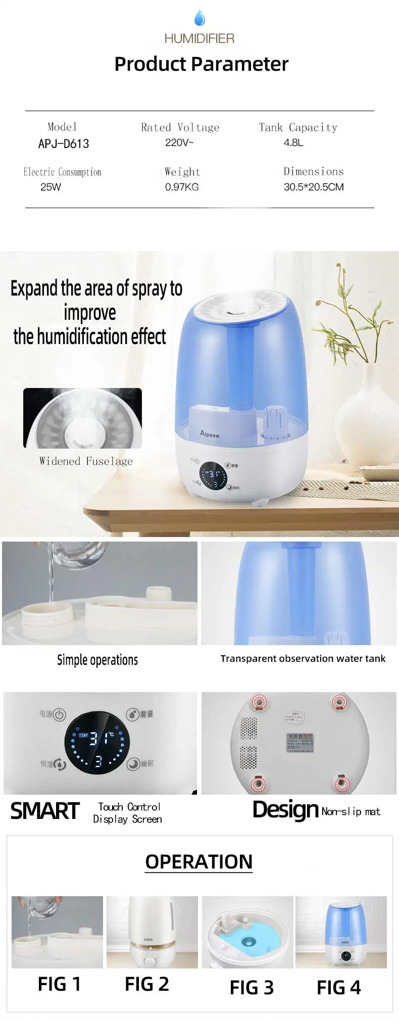 Fogger 4.8L Easy Cleaning Portable Humidifiers Timer Sleep Function Humificador