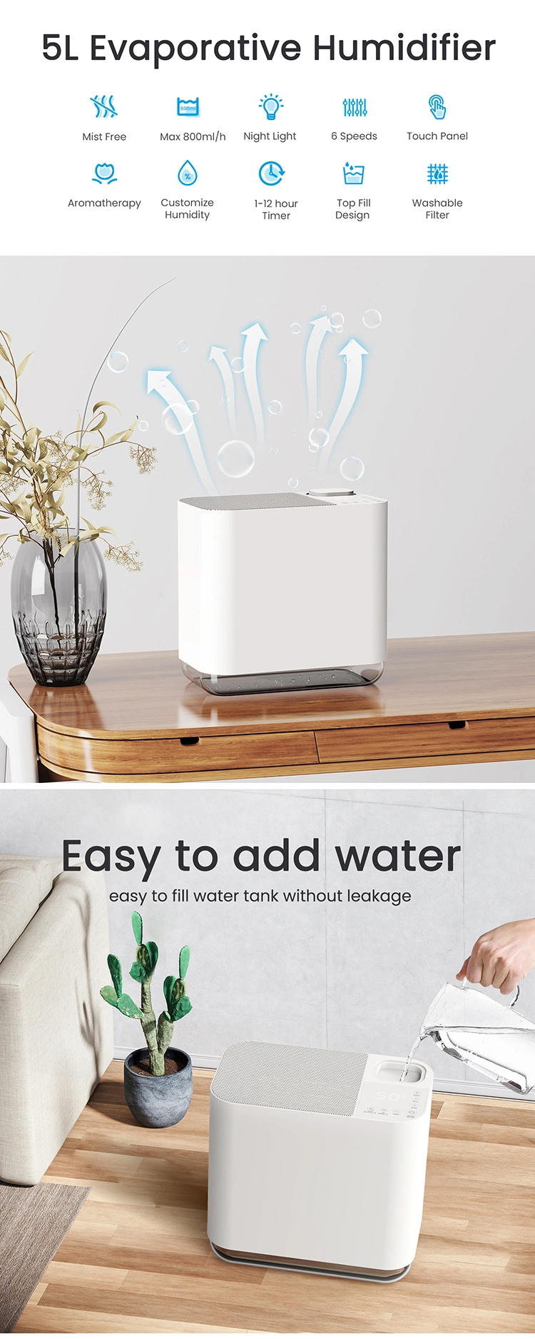 5L Smart Air WiFi Humidificateur De Chambre Evaporative Spray Humidifier with Night Light