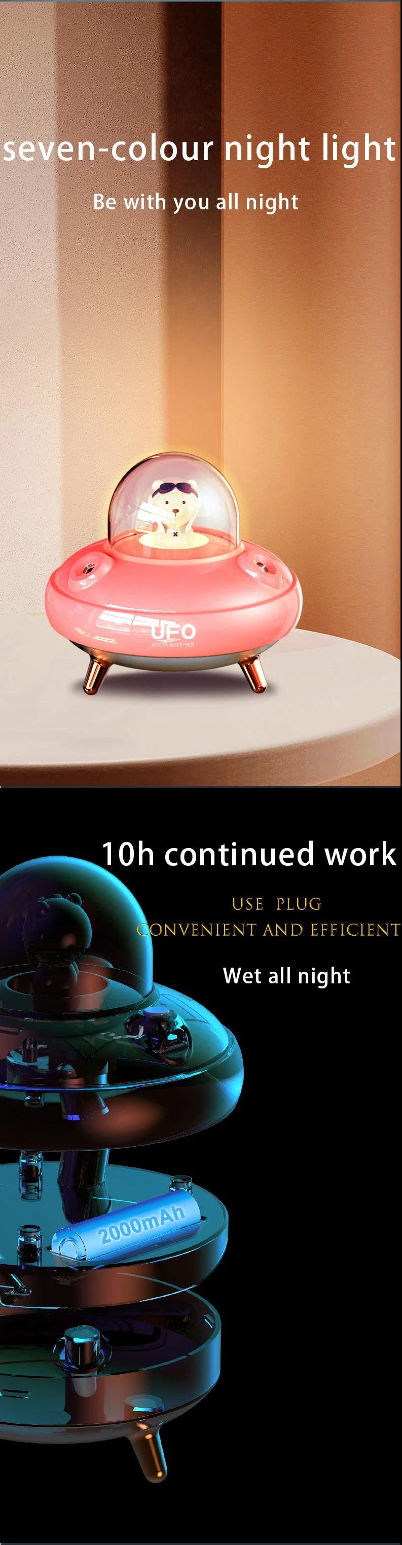 Wholesale Car Travel Home Office Cute USB Rechargeable Mini LED Light UFO Double Spray Warm Mist Humidifier