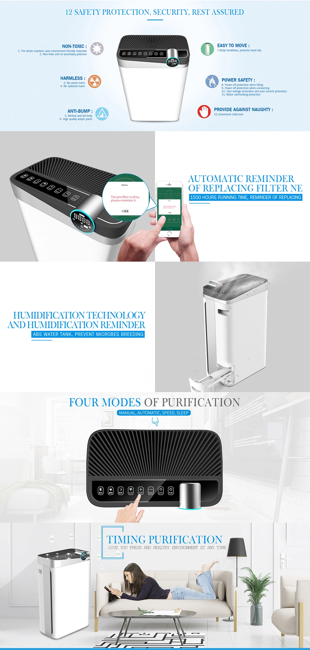 Home Air Cleaning Equipment 488m3/H Cadr WiFi Option UV Light HEPA Filter Anion Humidifier