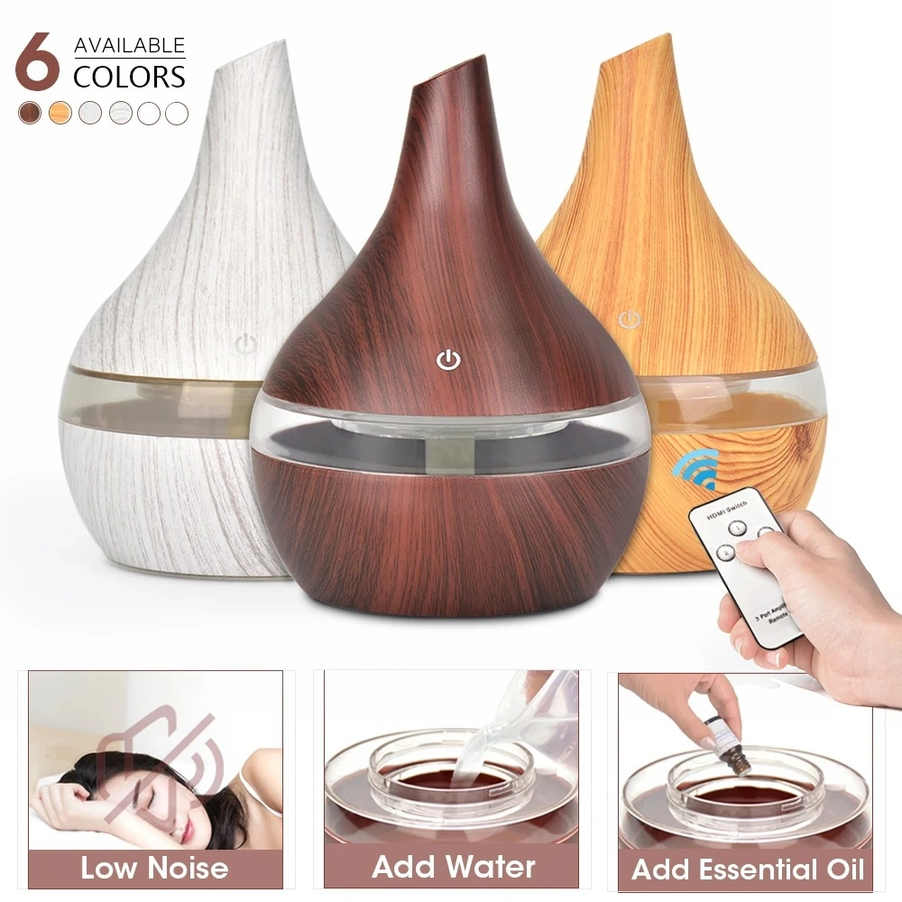 2023 Top Seller Essential Oil Diffuser 300ml Aroma Diffuser Remote Control Air Humidifier Electric Wooden Aromatherapydiffuser